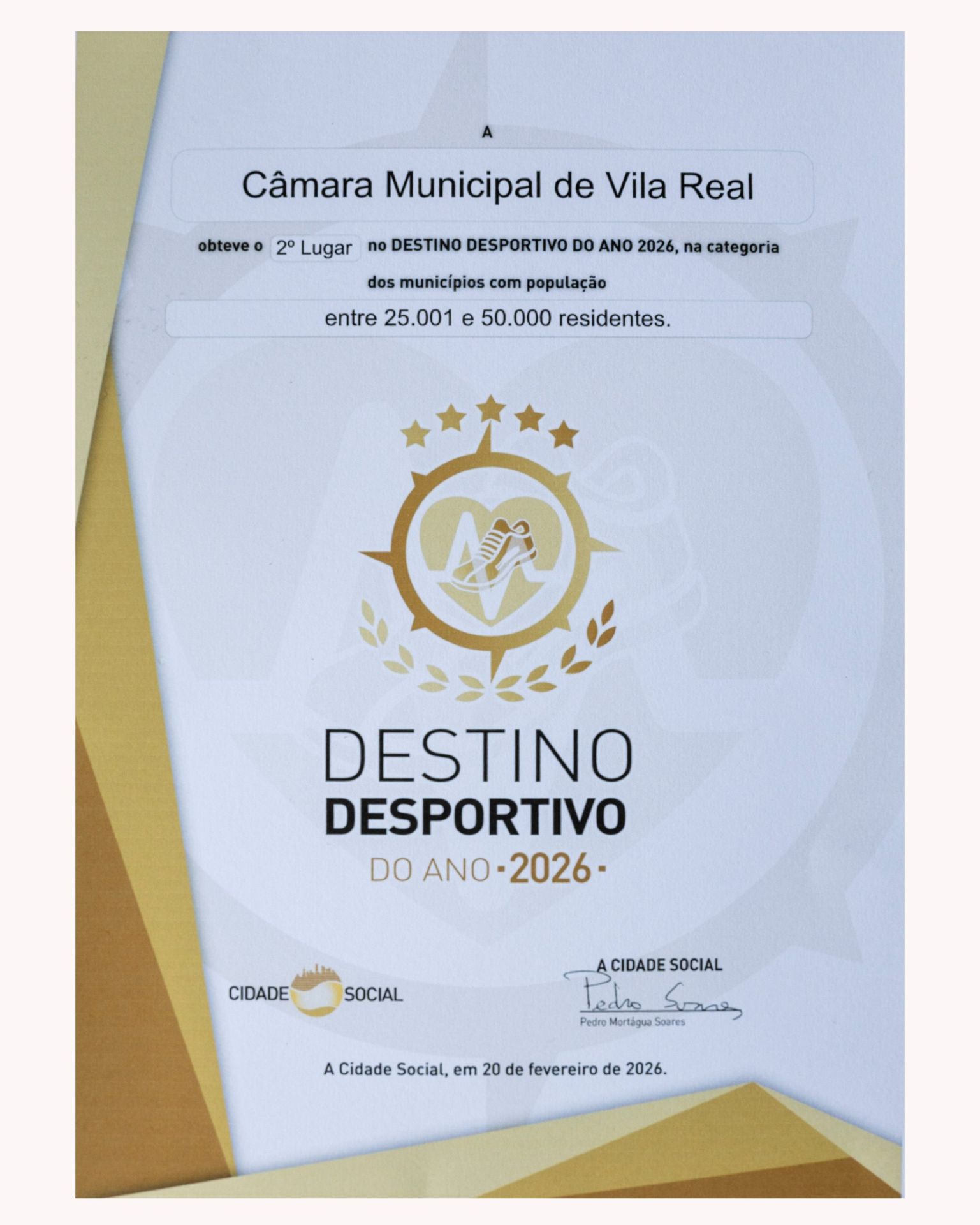 Município distinguido como Destino Desportivo do Ano 2026